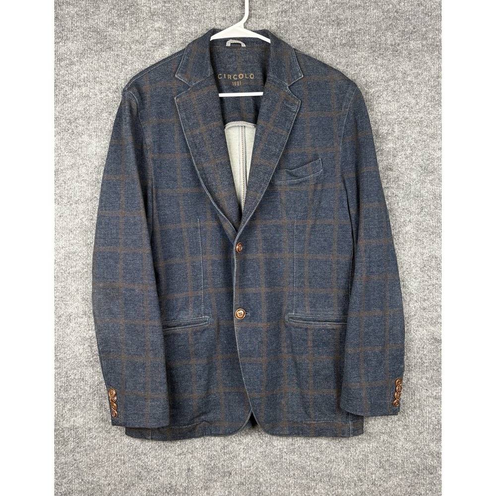 Circolo 1901 Mens 54 Blazer Navy Brown Plaid Stretch Cotton Slim Fit Jacket 42